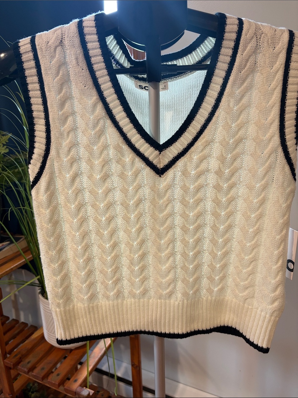 Classic Cream Cable-Knit V-Neck Sweater Vest with Black Trim